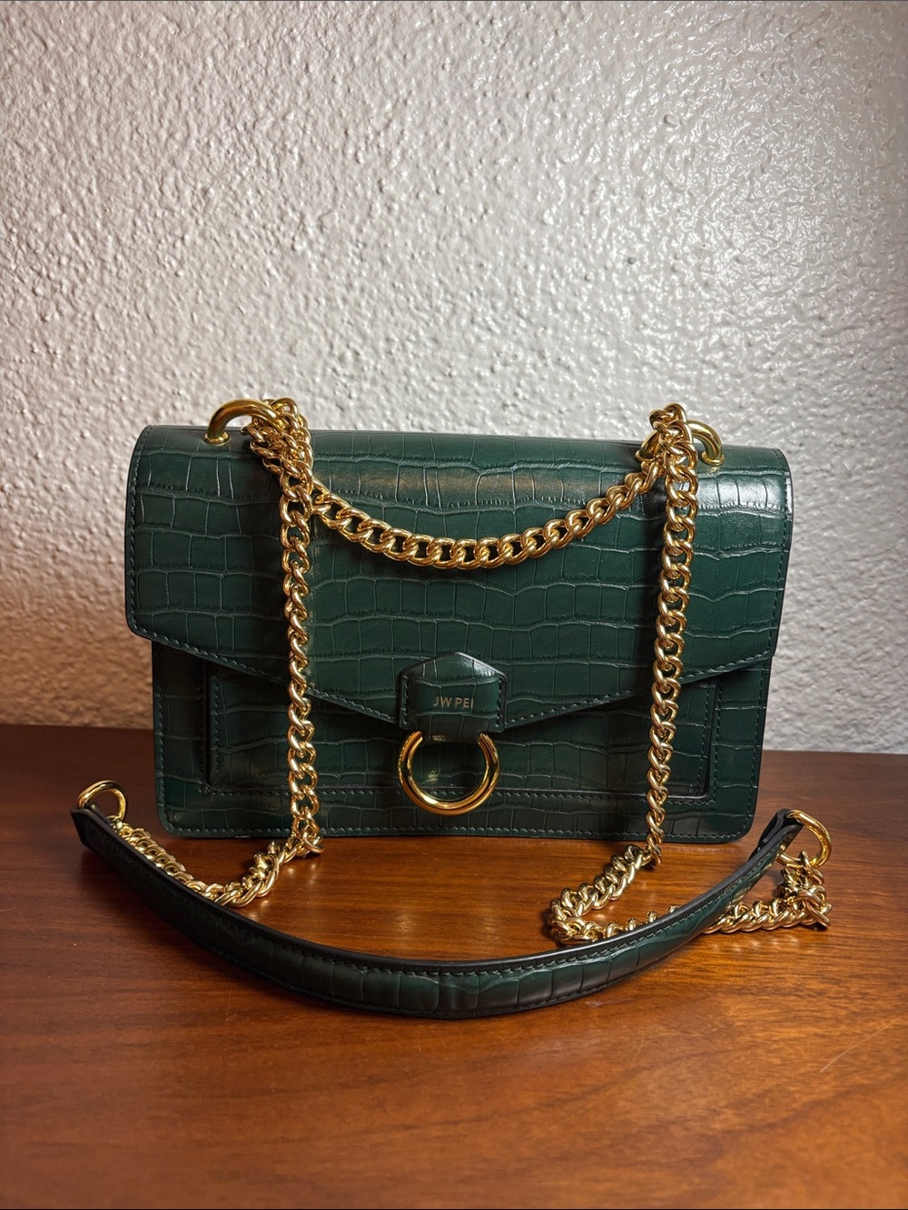 JW PEI Dark Green Croc-Embossed Shoulder Bag with Gold Chain